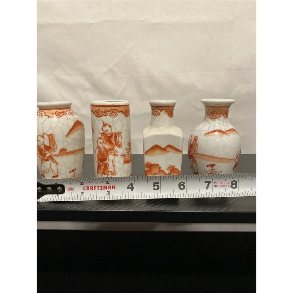 Vintage Oriental Objects D'Art Orange & White Crackle Mini Vases  Decorative 4